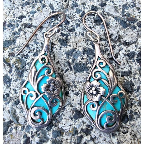 Sterling Silver 925 Turquoise Dangle Drop Hook Earrings Filigree - Picture 1 of 3